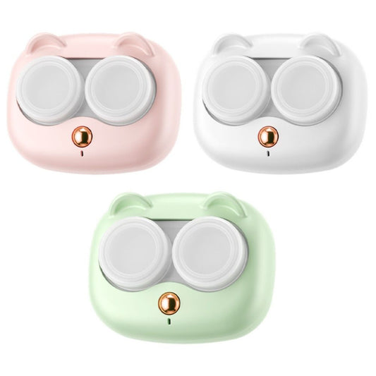 Three stylish portable lens cleaning devices in pink, white, and green by My Store, featuring an innovative design for effective cleaning of soft and hard contact lenses.