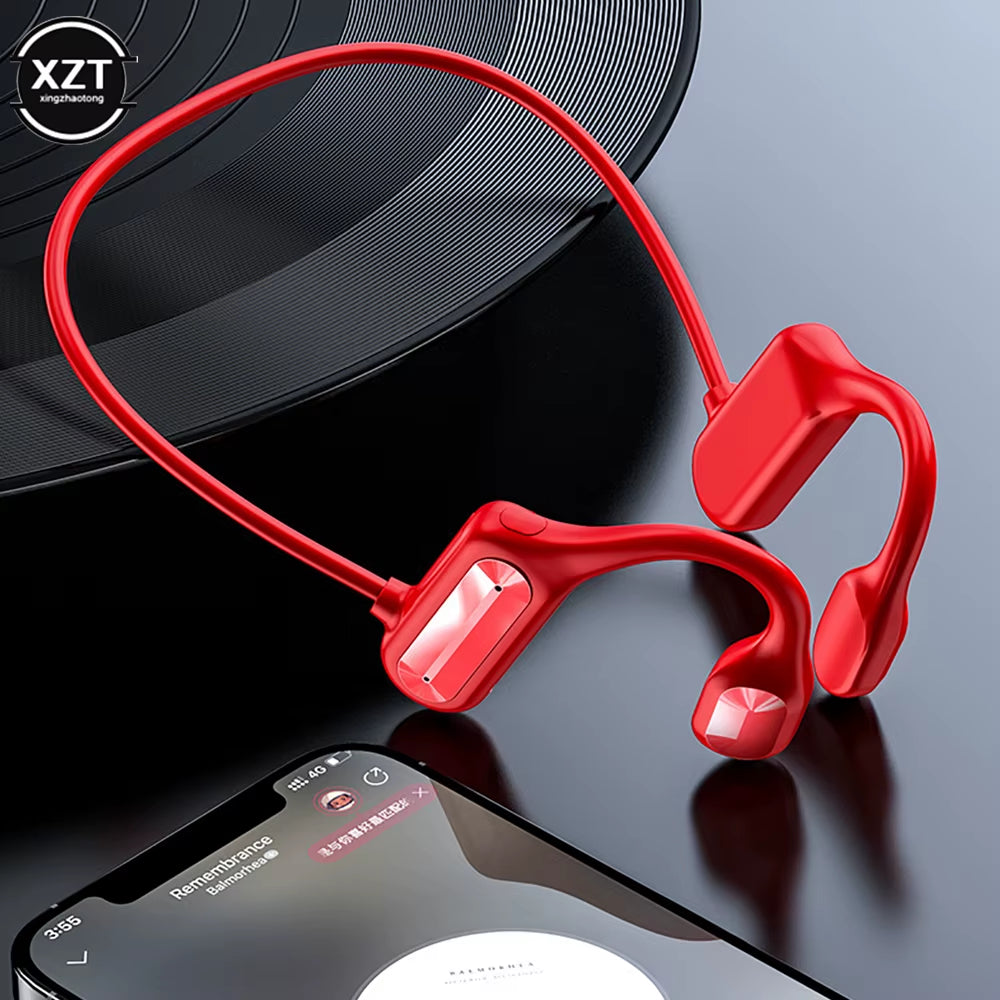 Red AeroVibe BL09 Wireless Earbuds for Workouts on a turntable, highlighting their stylish design at My Store.