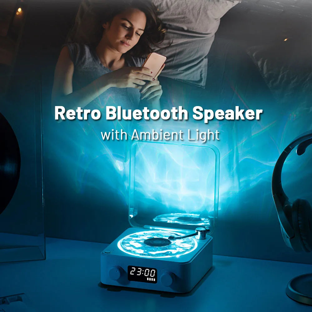Modern Mini Retro Bluetooth Speaker from My Store with ambient lighting, perfect for nighttime relaxation.
