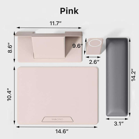 Adjustable portable laptop stand by Gizmo Wiz shown in pink color with dimensions, ideal for enhancing ergonomic workspace setup.