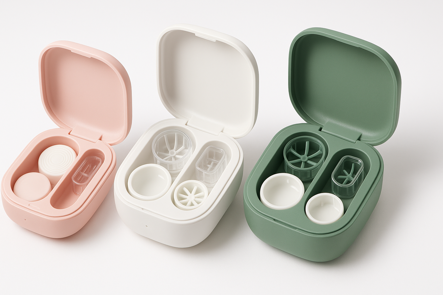 Three stylish portable lens cleaning devices in pink, white, and green by My Store, featuring an innovative design for effective cleaning of soft and hard contact lenses.
